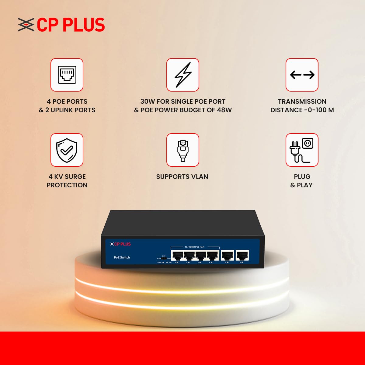 CP Plus 6 Ports Switch with 4 PoE Ports & 2 Uplink Ports