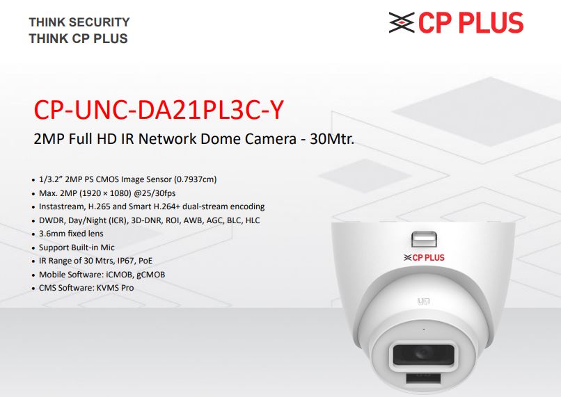 CPPLUS 2MP Full IP IR Network Dome Camera Inbuilt Audio - 30Mtr CP-UNC-DA21PL3C-Y