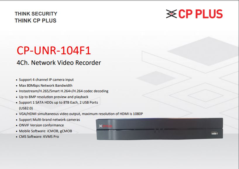 CPPLUS 4Ch. Network Video Recorder (NVR) CP-UNR-104F1